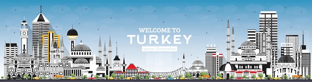 Welcome to Turkey Skyline with Gray Buildings and Blue Sky. Vector Illustration. Tourism Concept with Historic Architecture. Turkey Cityscape with Landmarks. Izmir. Ankara. Istanbul.