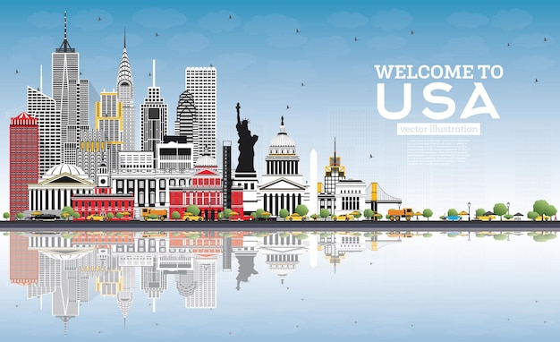 Welcome to USA Skyline with Gray Buildings, Blue Sky and Reflections. Famous Landmarks in USA. Vector Illustration. Tourism Concept with Historic Architecture. USA Cityscape with Landmarks.