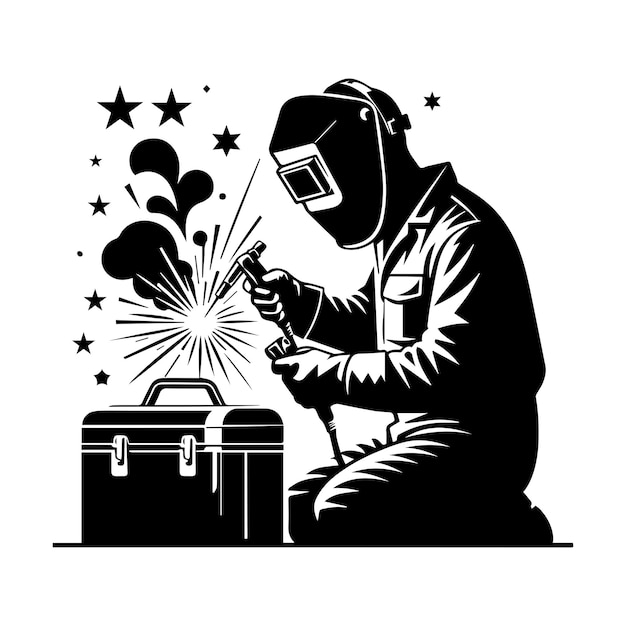 Vector welder in action black and white illustration of a professional welder at work