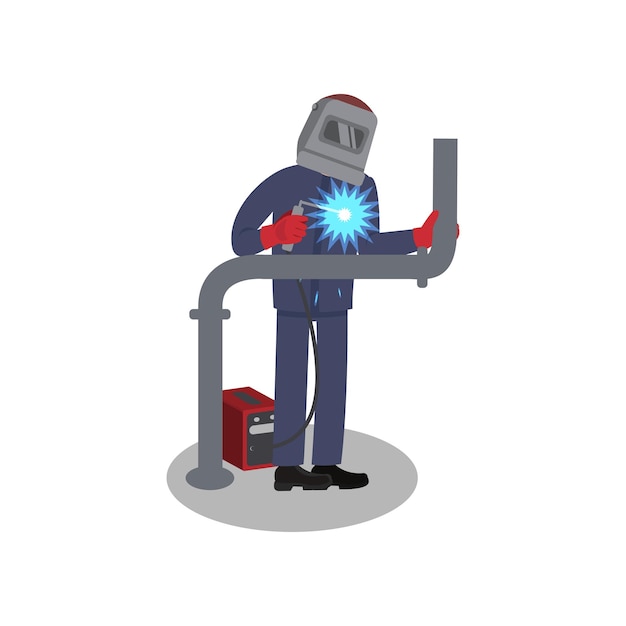 Welder repairing pipeline system Professional at work Worker in protective outfit Isolated flat vector illustration