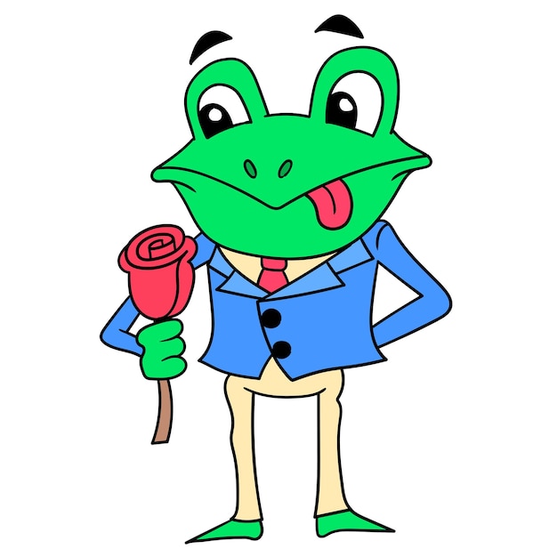 A well dressed romantic frog carrying a rose is ready for a date. illustration art, doodle icon image kawaii.