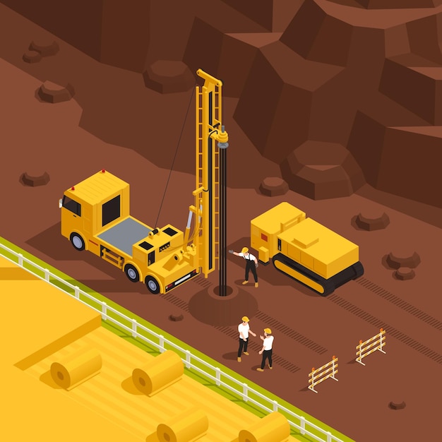 Vector well drilling process with rig and workers in non urban area 3d isometric vector illustration