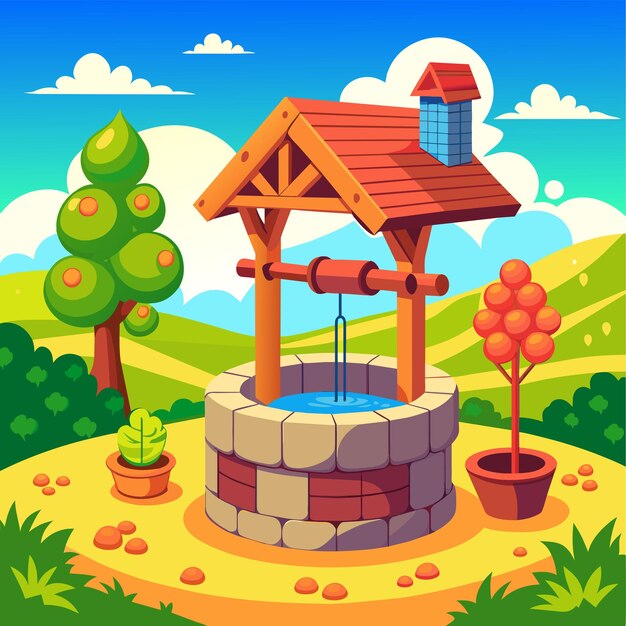 Vector well in the yard in the village vector illustration