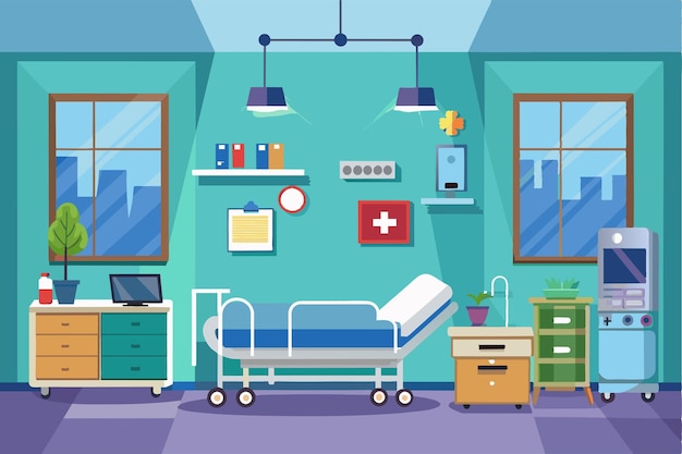 A welldesigned hospital room with a patient bed medical equipment and natural light from windows Hospital room Customizable Semi Flat Illustration