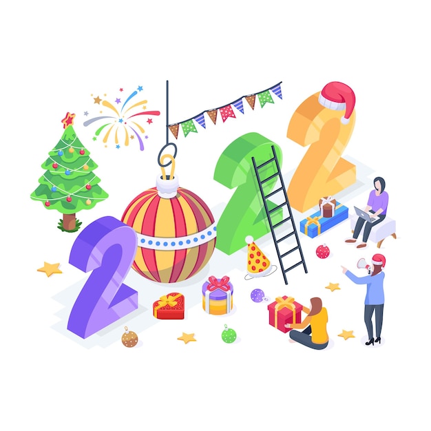 A welldesigned isometric illustration of new year celebrations