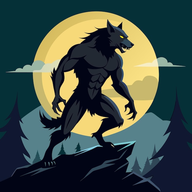 Vector a werewolf stands on a rocky cliff with a full moon in the background the werewolf is black with yellow eyes the moon is bright and yellow the night sky is dark blue with clouds