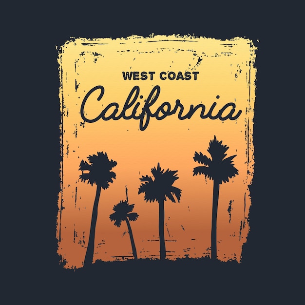 West Coast California beach design theme silhouette palm trees and sunset sky background