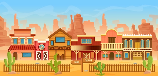 Vector western american town in desert landscape, cartoon scenery with old houses, home, bar saloon or bank