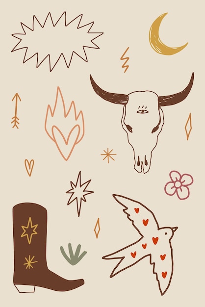 Western boho cowgirl set blogger vector stickers pack wild west