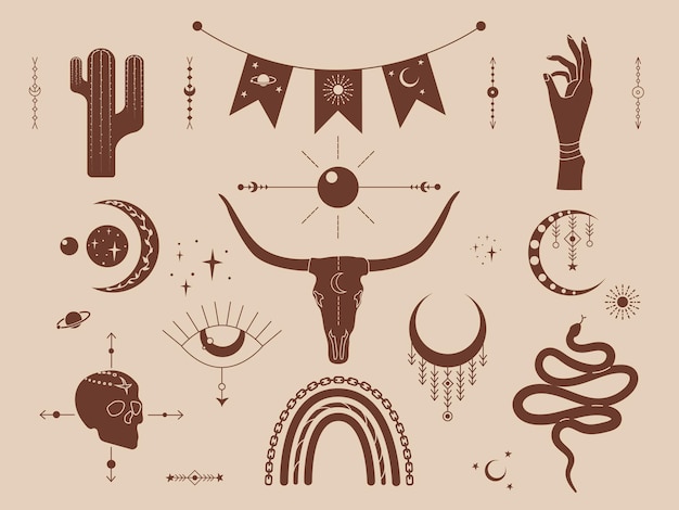 Vector western boho set vector stickers pack wild west, isolated