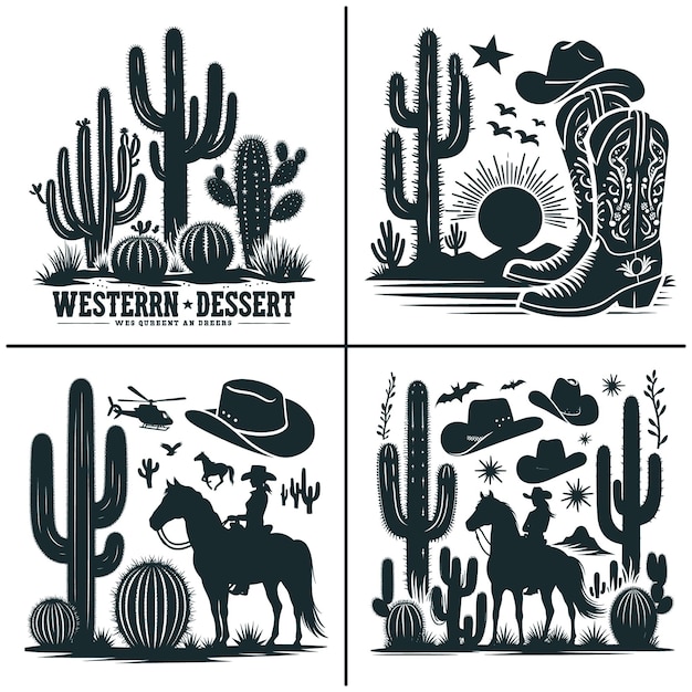 Western Desert Cactus Vector Cowboy and Cowgirl Vector Horse Vector