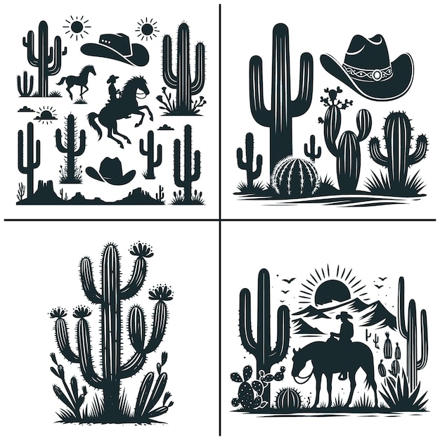 Western Desert Cactus Vector Cowboy and Cowgirl Vector Horse Vector