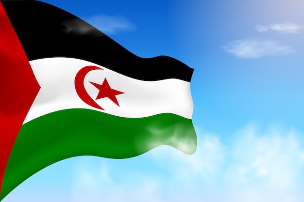 Western Sahara flag in the clouds. Vector flag waving in the sky. National day realistic flag