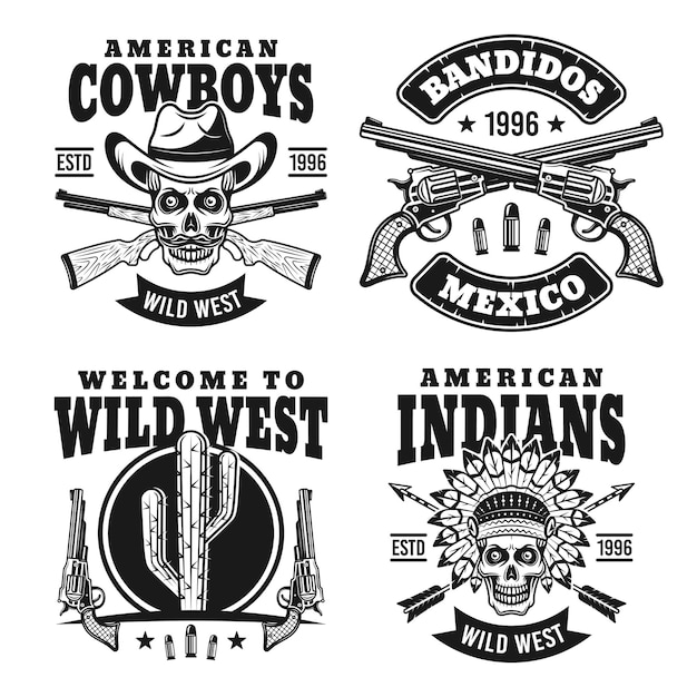 Western set of four black emblems or badges on white background