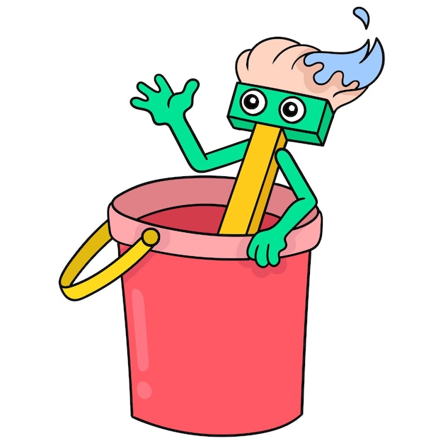 Wet bucket and mop ready to clean, vector illustration art. doodle icon image kawaii.