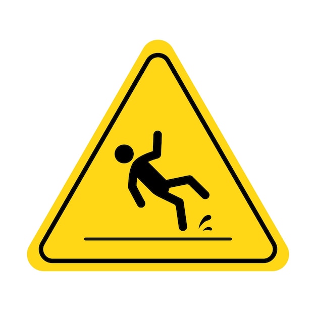 Wet floor icon Slippery floor caution sign with fall pictogram man Warning danger yellow triangle sign