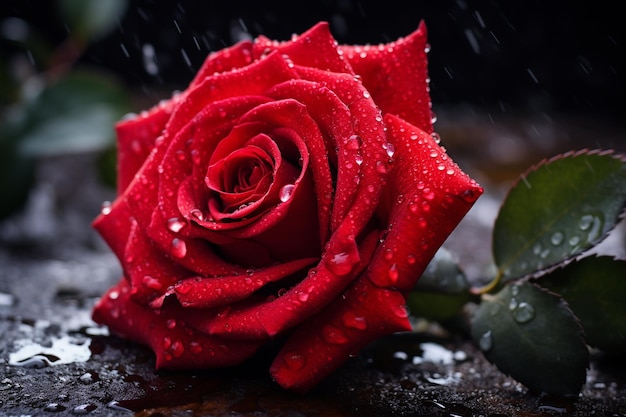 Vector wet red rose with green leaves isolation on white close up picture with water drops on the red rose