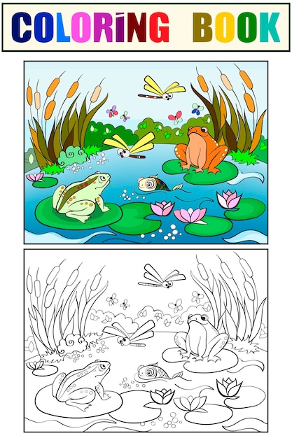 Wetland landscape with animals coloring vector for adults