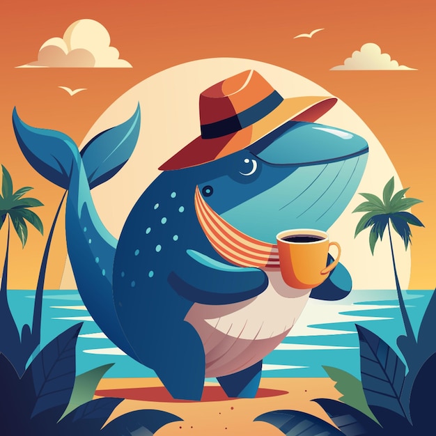 Vector whale in hat and glasses drinks coffee vector illustration flat 2