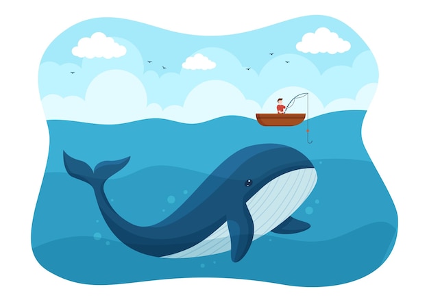 Vector whale hunting with whales caught by fisherman in the middle of the deep sea for sale in illustration