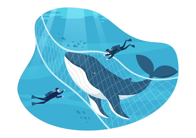 Whale Hunting with Whales Caught by Fisherman in the Middle of the Deep Sea for Sale in Illustration