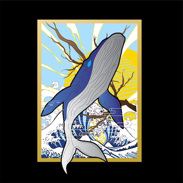 whale illustration design with retro japanese style background