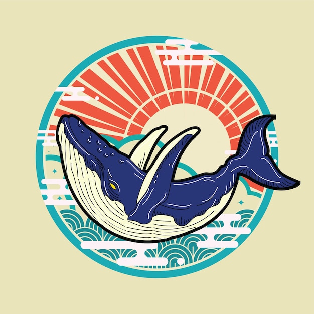 whale illustration design with retro japanese style background