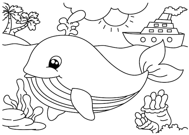 whale and ship cartoon cute coloring page for kids vector