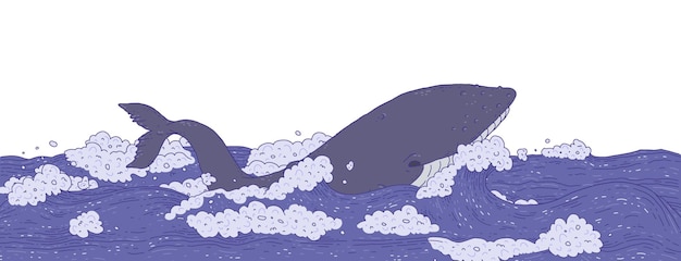 Whale swim and jumping in sea waves Seascape with playful aquatic animal Doodle line vector Illustration banner