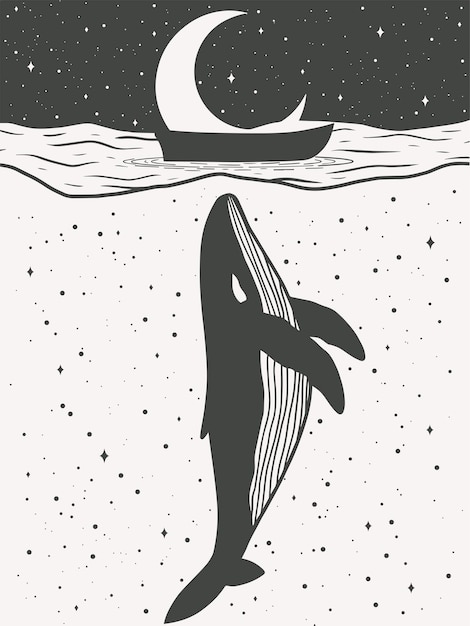 Whale with boat, magical art