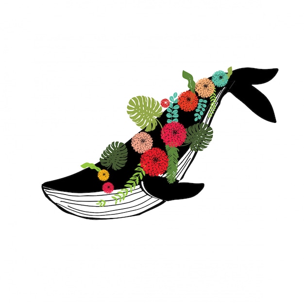 Whale with floral wreath