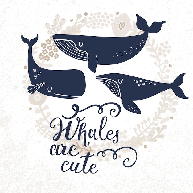 Whales are cute Sweet whales on light background with floral wreath in vector