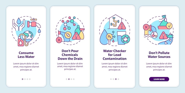 What can people do onboarding mobile app screen Consume less water walkthrough 4 steps graphic instructions pages with linear concepts UI UX GUI template Myriad ProBold Regular fonts used