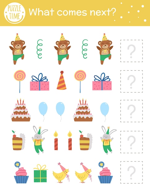 What comes next. Birthday matching activity for preschool children with traditional holiday symbols. Funny educational puzzle. Logical quiz worksheet. Continue the row. Simple party game for kids