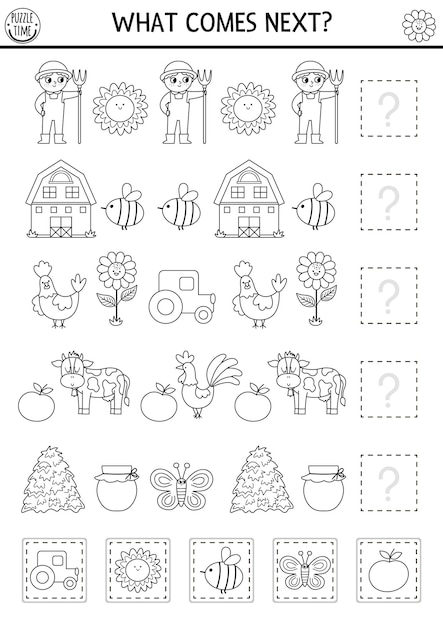 What comes next Black and white farm matching activity with traditional country symbols Funny line rural village puzzle On the farm logical worksheet Continue the row coloring gamexA