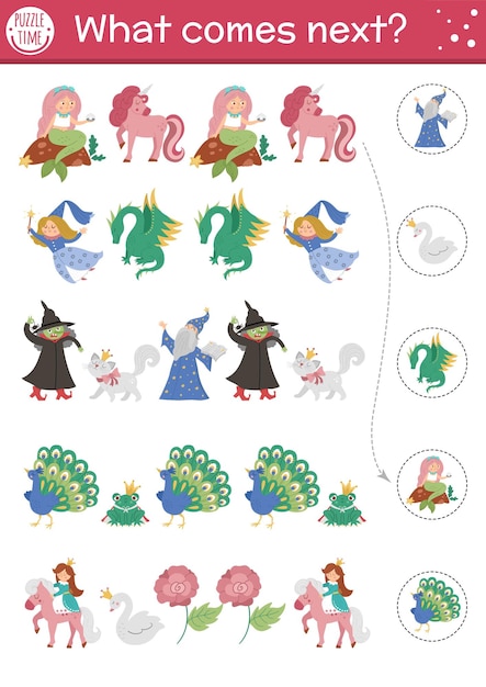 What comes next Fairytale matching activity for preschool children with traditional fantasy creatures Funny magic kingdom puzzle Fall logical worksheet Continue the row game with dragon mermaidxA