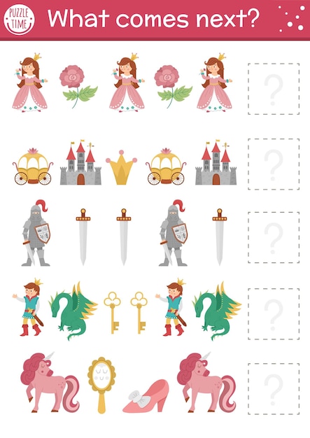 What comes next Fairytale matching activity for preschool children with traditional fantasy symbols and characters Funny magic kingdom puzzle Fall logical worksheet Continue the row gamexA