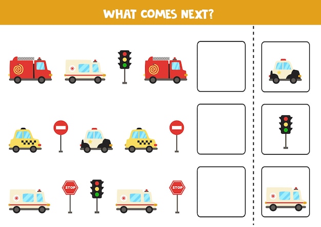 What comes next game with cartoon transportation means. Educational logical game for kids.