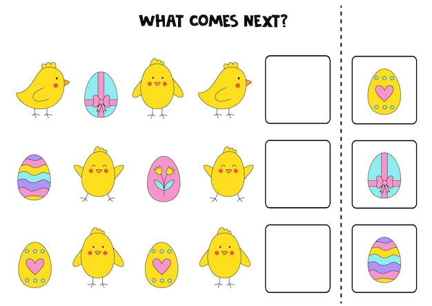 What comes next game with cute Easter chicks and eggs Educational logical game for kids