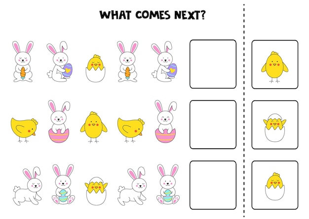 What comes next game with cute Easter chicks and rabbits Educational logical game for kids