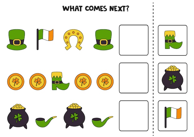 What comes next game with Saint Patrick day elements Educational logical game for kids