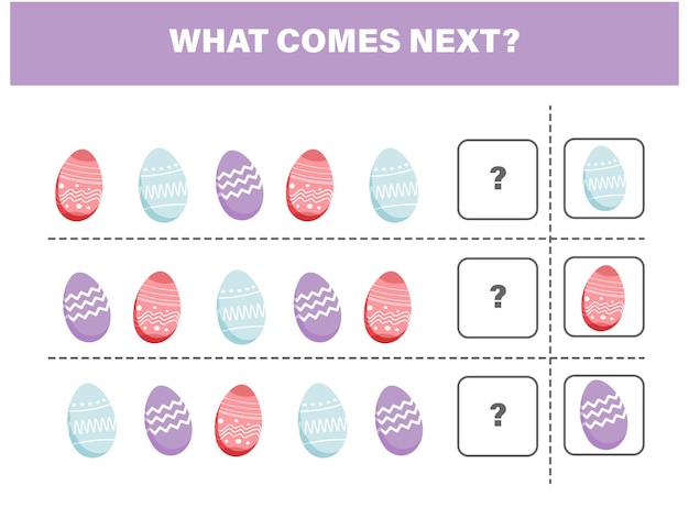 What comes next with cute Easter eggs. Cartoon vector illustration. Logical worksheet for kids.