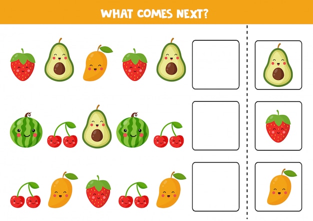 What comes next with cute kawaii fruits. Cartoon vector illustration of cherry, strawberry, avocado, watermelon, mango. Logical worksheet for kids.