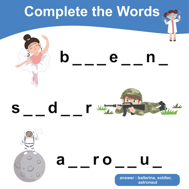 What letters are missing? Complete the words. Educational Word Game worksheet. Writing practice.