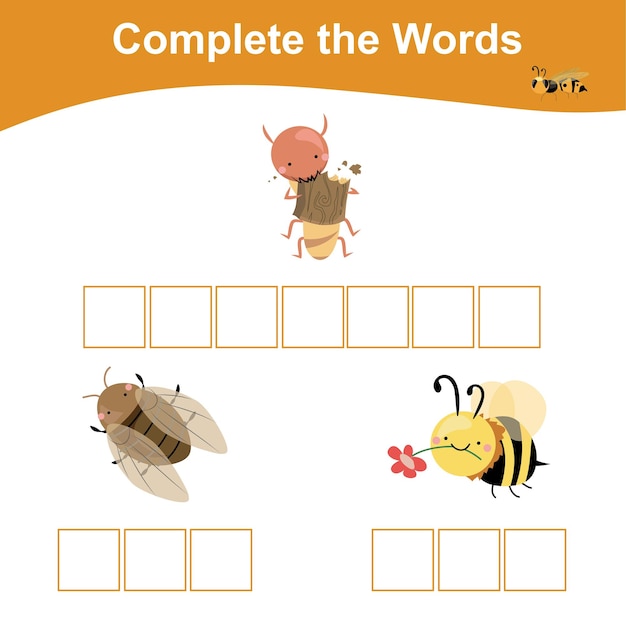 What letters are missing? Complete the words. Educational worksheet activity for preschool kids..