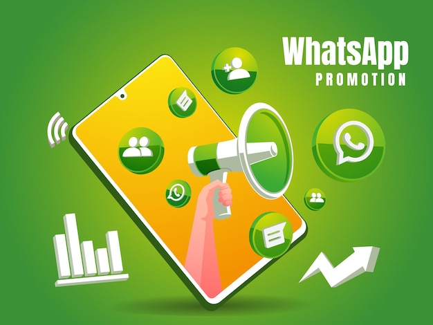 WhatsApp social media promotion with megaphone and icon logo and mobile smartphone