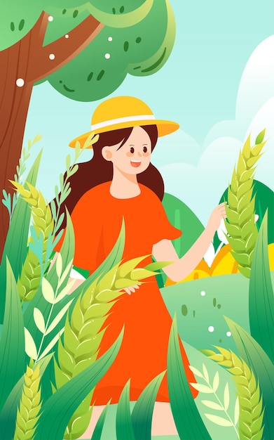 Wheat grows in the farmland with ears of wheat vector illustration