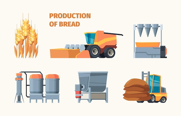 Wheat harvesting Bread production bakery industry tasty food from grain seeds farm machines and retail markets garish vector flat infographic