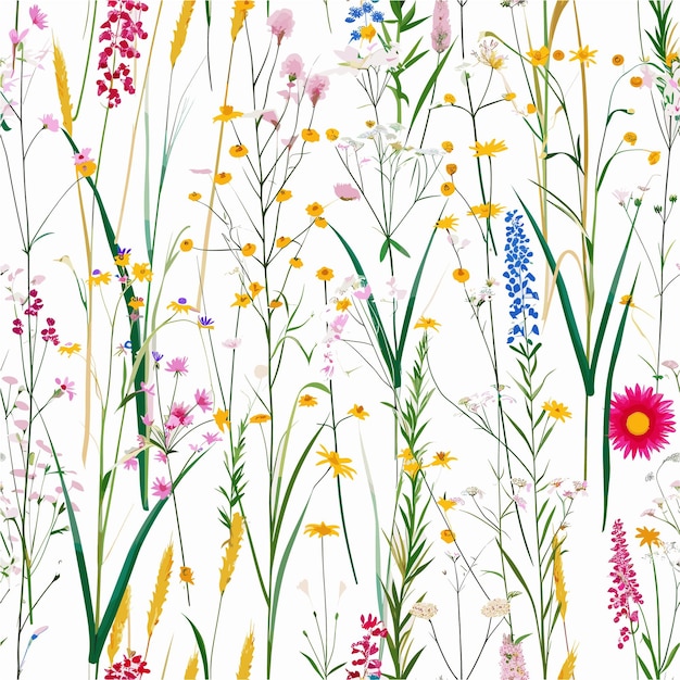 Vector wheat reeds asters daisies cherry blossoms white background