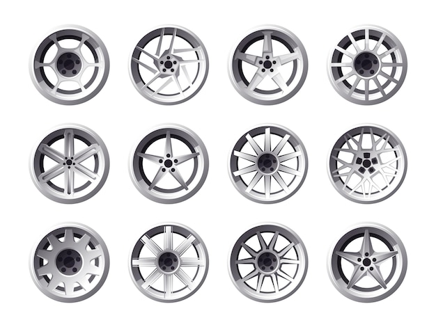 Wheel rims Car and truck wheels motor vehicle and auto parts cast steel light alloy and aluminum wheels flat transport parts Vector set